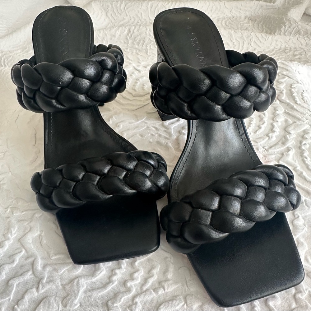 Amazon Black Braided Heeled Sandals, faux leather, , Summer, Size 6, EUC